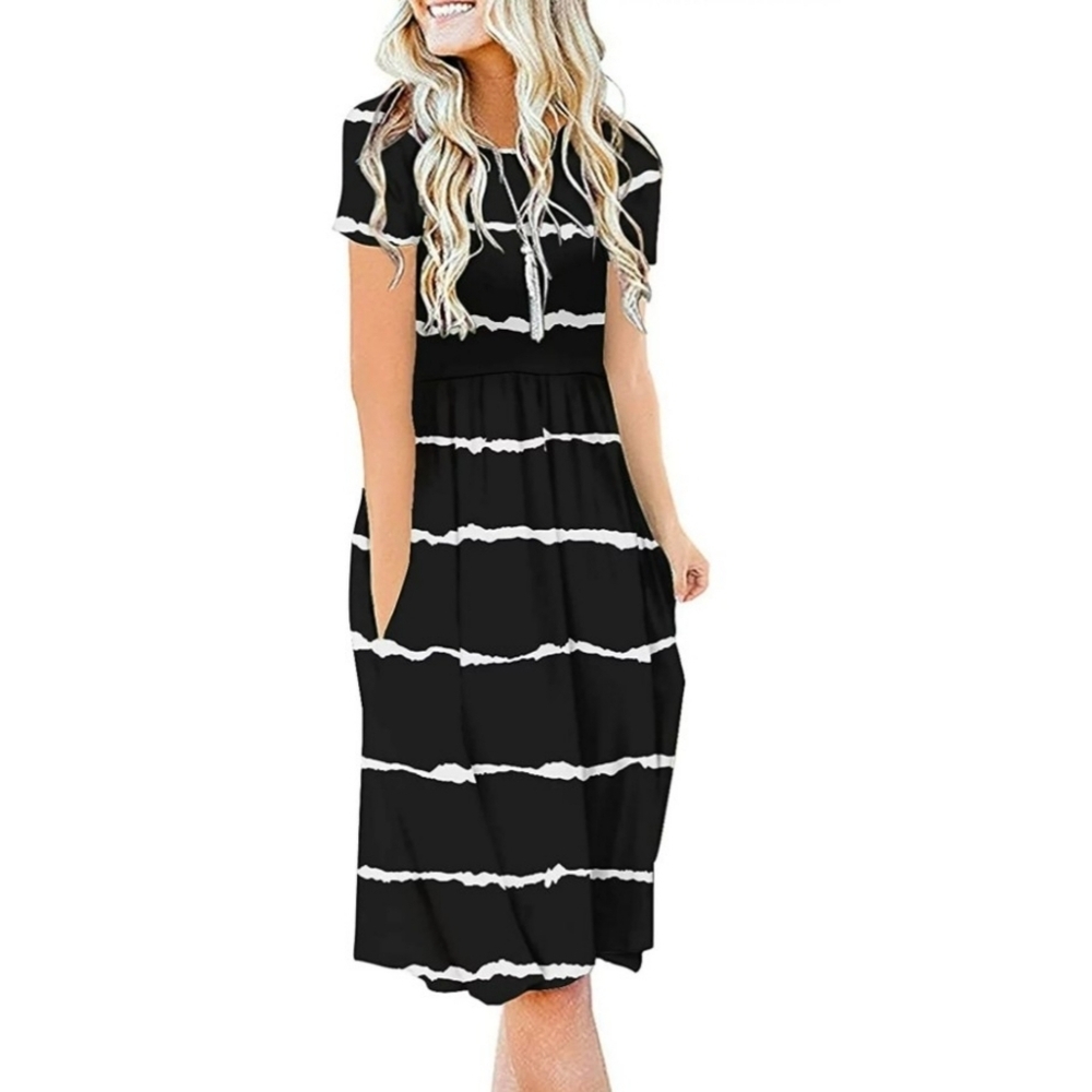 Junefish Empire Waist Short sleeve Striped dress Black Size XL